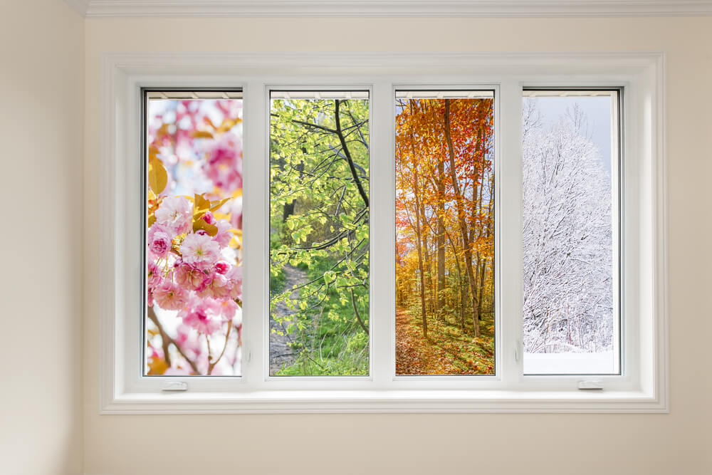 Window split into four panels showing each of the four seasons